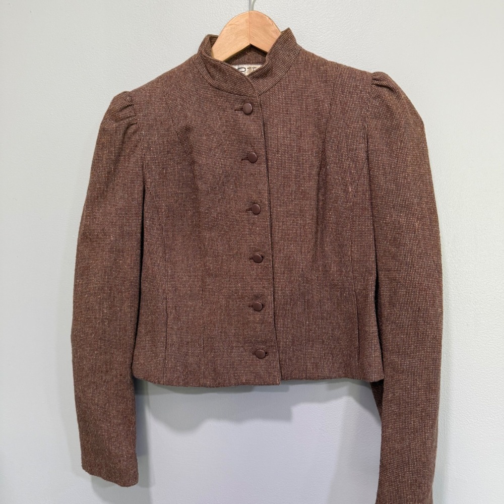 Vintage SBI Bitterman Brown Wool Tweed Cropped Jacket Victorian Blazer 11/12